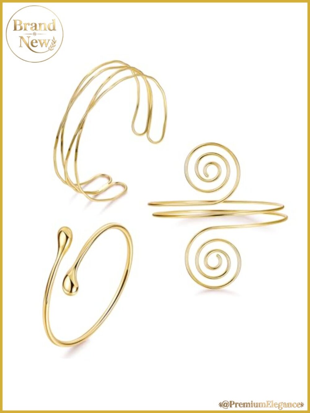 3PC Gold Plated Brass Upper Arm Cuff Set Adjustable Arm Band Bracelet Women